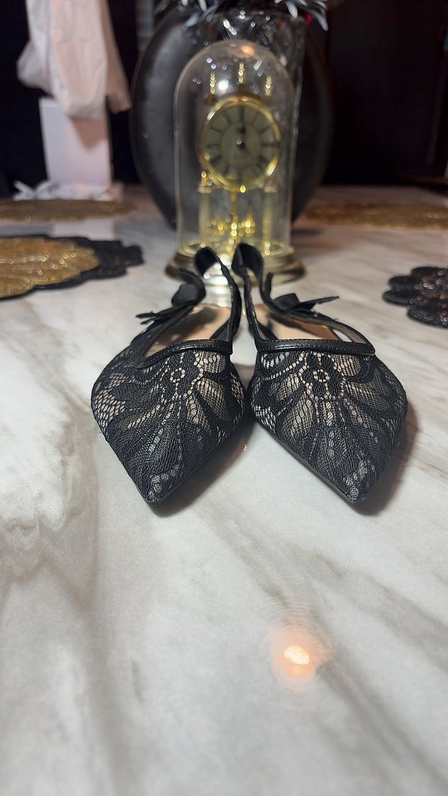 A New Day Women's Black Lace Pointed-Toe Slingback Flats with Bow, Size 7.5