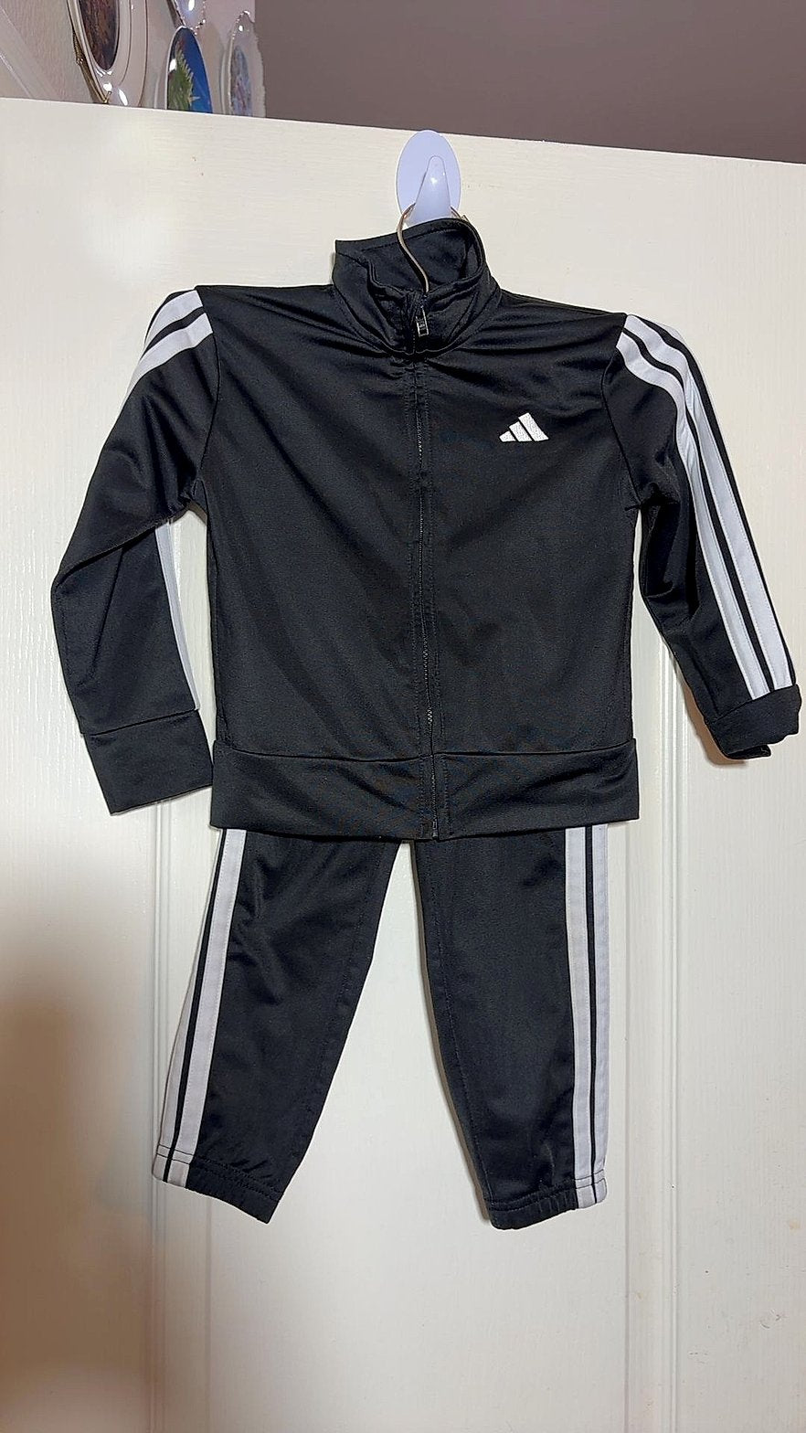 Adidas Toddler 2-Piece Tricot Tracksuit Set (Zip Track Jacket + Jogger Pants), Black with White 3-Stripes, Size 4T