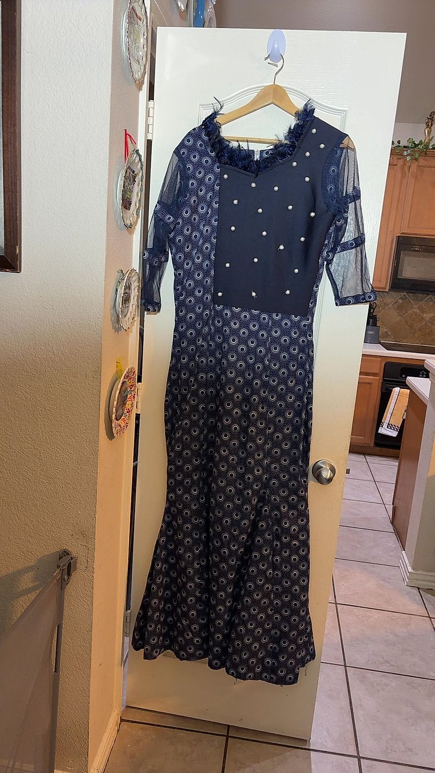 African Print Ankara Long Mermaid Dress with Faux Pearls, Feather Trim and Sheer Mesh Sleeves