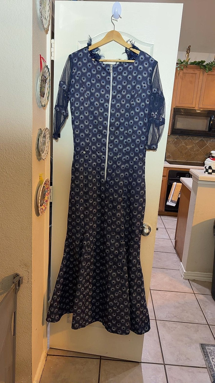 African Print Ankara Long Mermaid Dress with Faux Pearls, Feather Trim and Sheer Mesh Sleeves