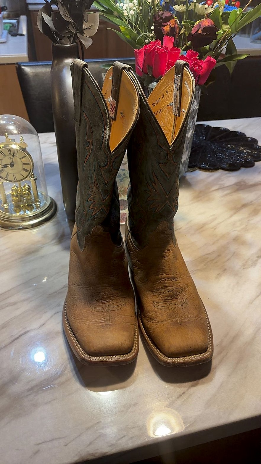 Anderson Bean Square Toe Cowboy Boots, Distressed Tan Vamp with Dark Green Suede Shaft, Size 12 D