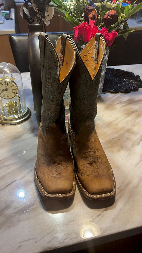Anderson Bean Square Toe Cowboy Boots, Distressed Tan Vamp with Dark Green Suede Shaft, Size 12 D