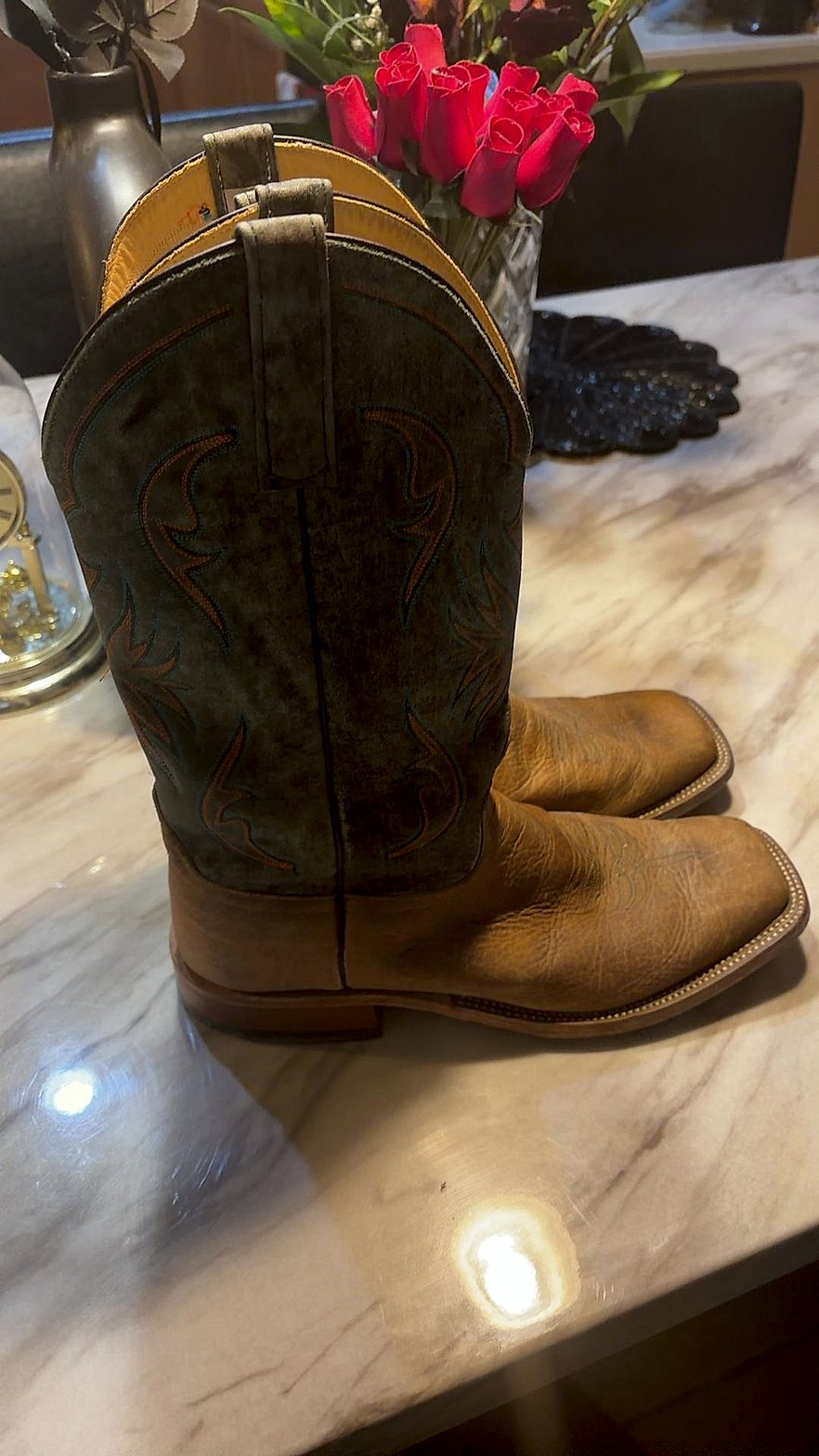Anderson Bean Square Toe Cowboy Boots, Distressed Tan Vamp with Dark Green Suede Shaft, Size 12 D