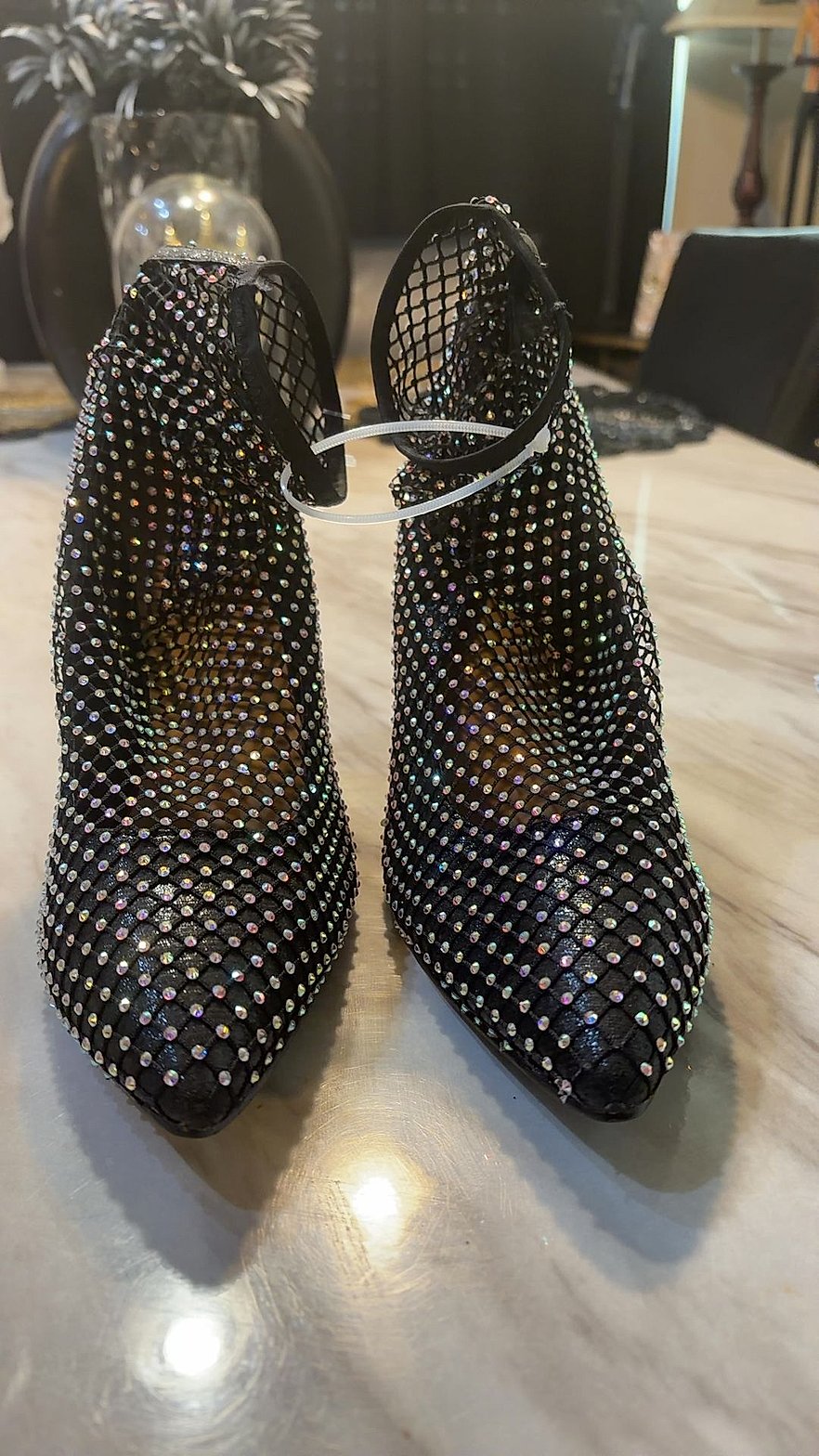 Anne Michelle Black Rhinestone Fishnet Mesh Stiletto Ankle-Strap Pumps, Size EU 39 / US 8