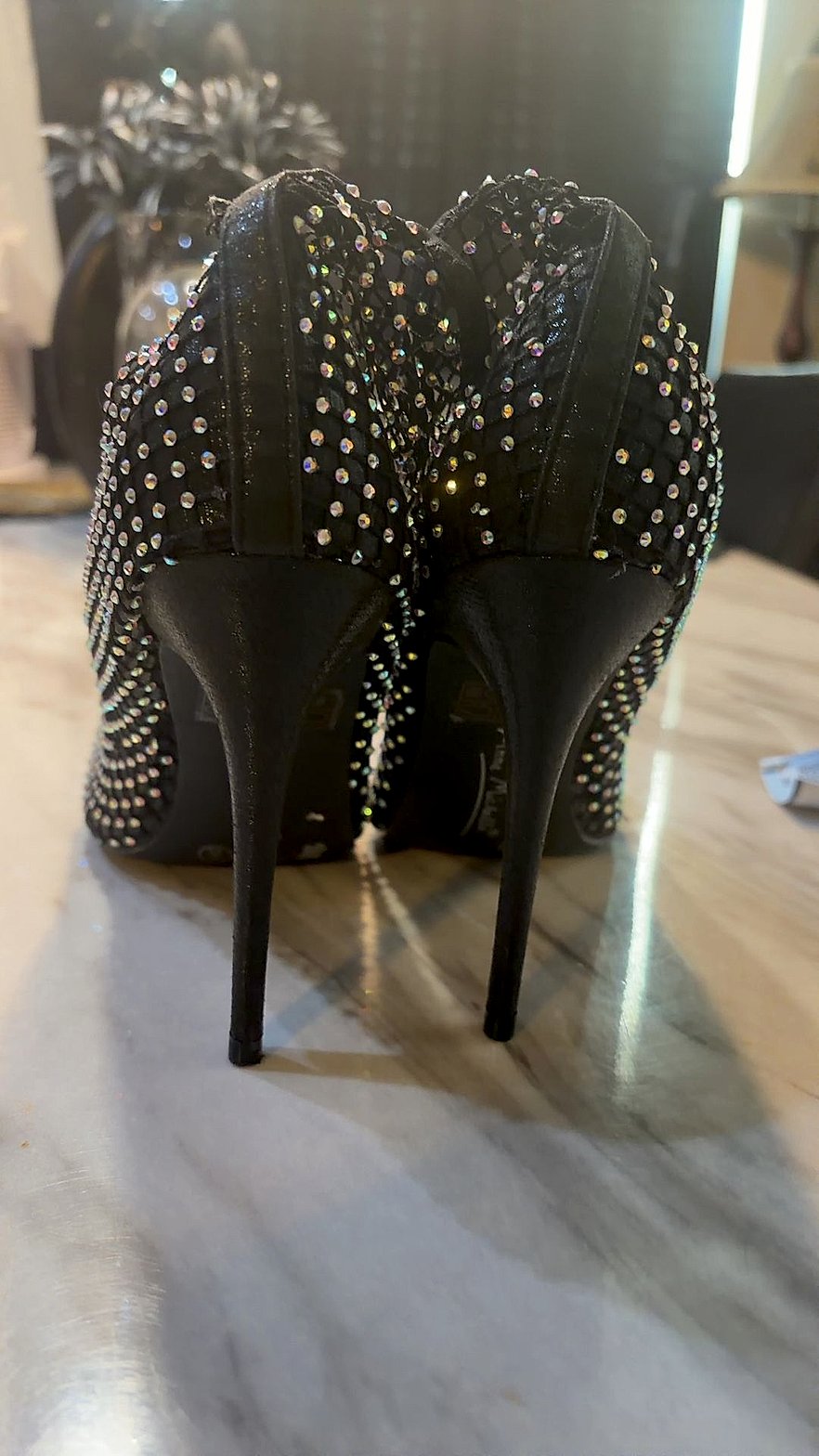 Anne Michelle Black Rhinestone Fishnet Mesh Stiletto Ankle-Strap Pumps, Size EU 39 / US 8