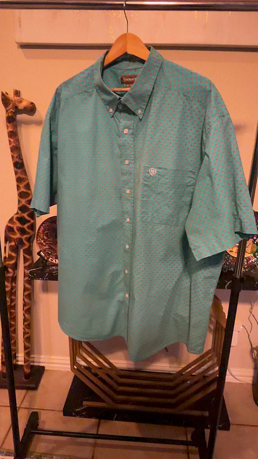 Ariat Men's Short Sleeve Button-Down Western Shirt, Teal Medallion Print, Size XXL