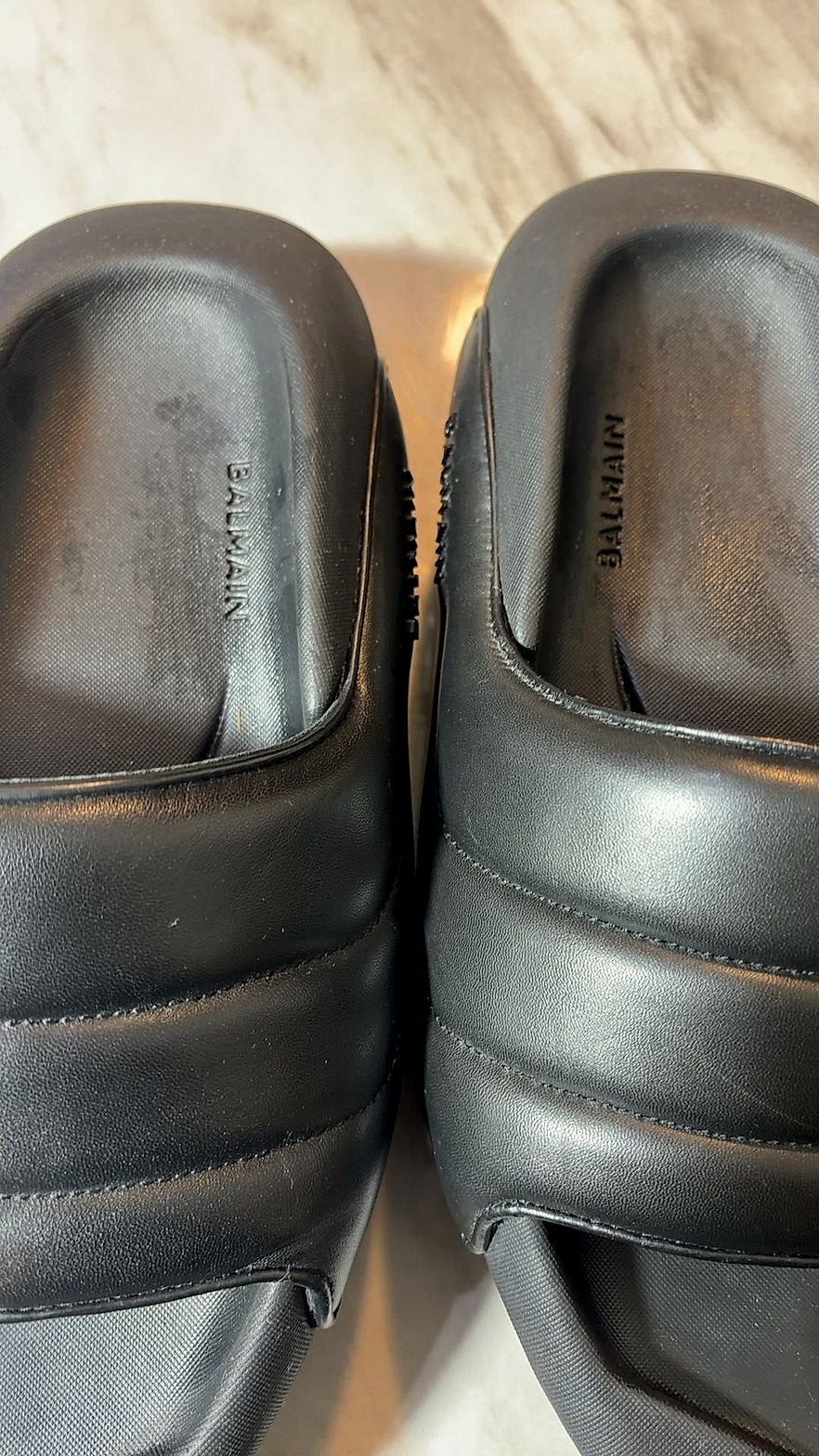 Balmain Black Leather Padded Slide Sandals