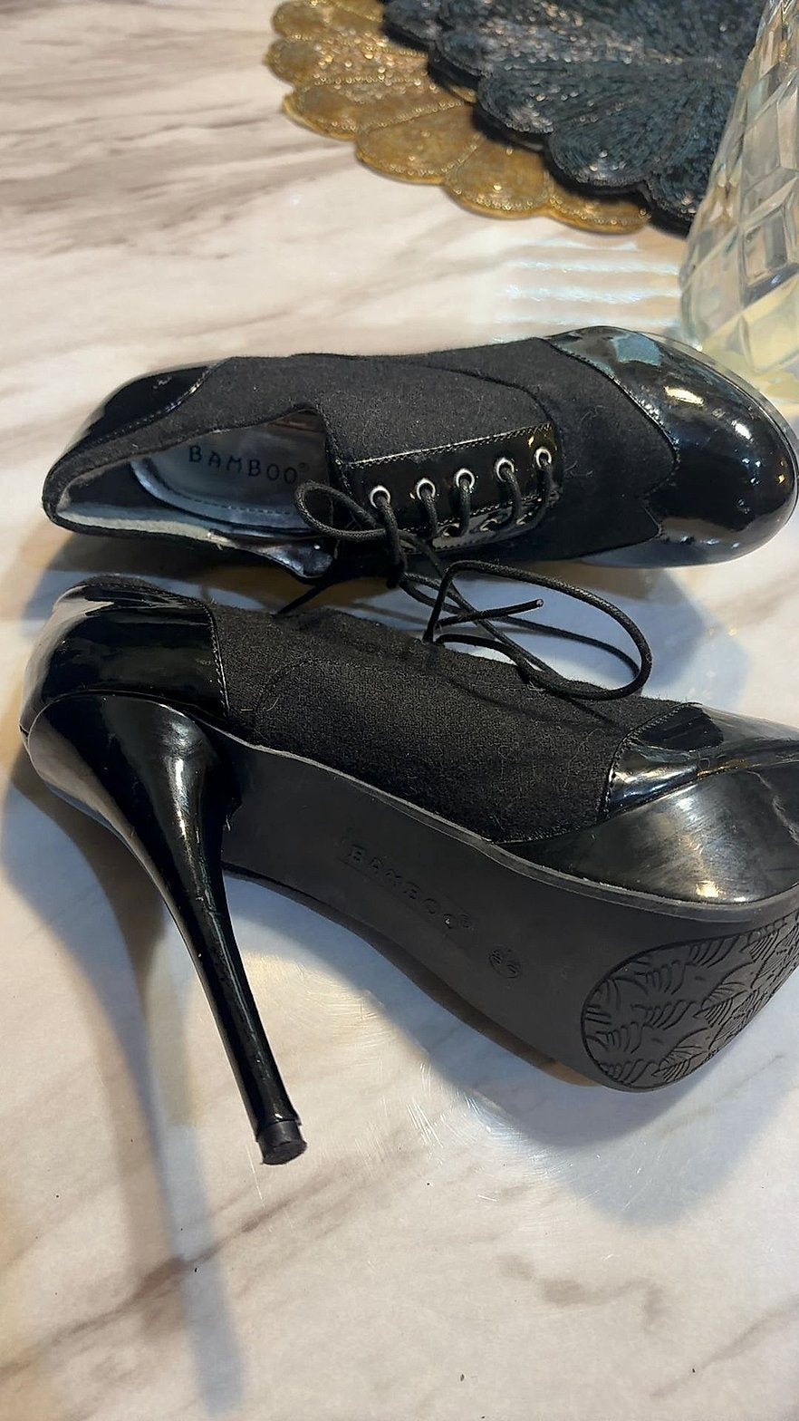 Bamboo Black Lace-Up Wingtip Stiletto Platform Ankle Booties