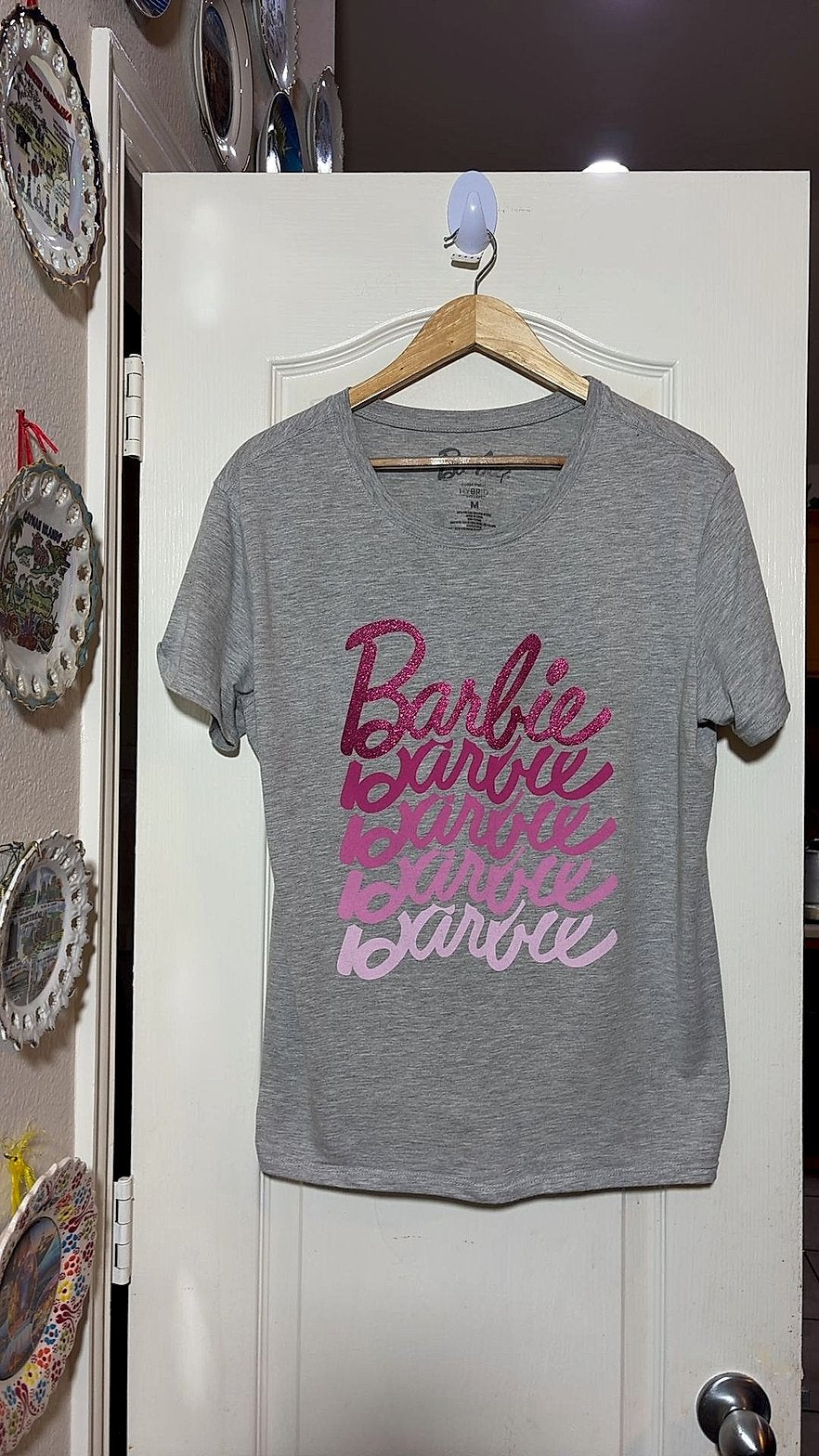 Barbie Repeating Glitter Logo Women's Graphic T-Shirt, Gray, Size M