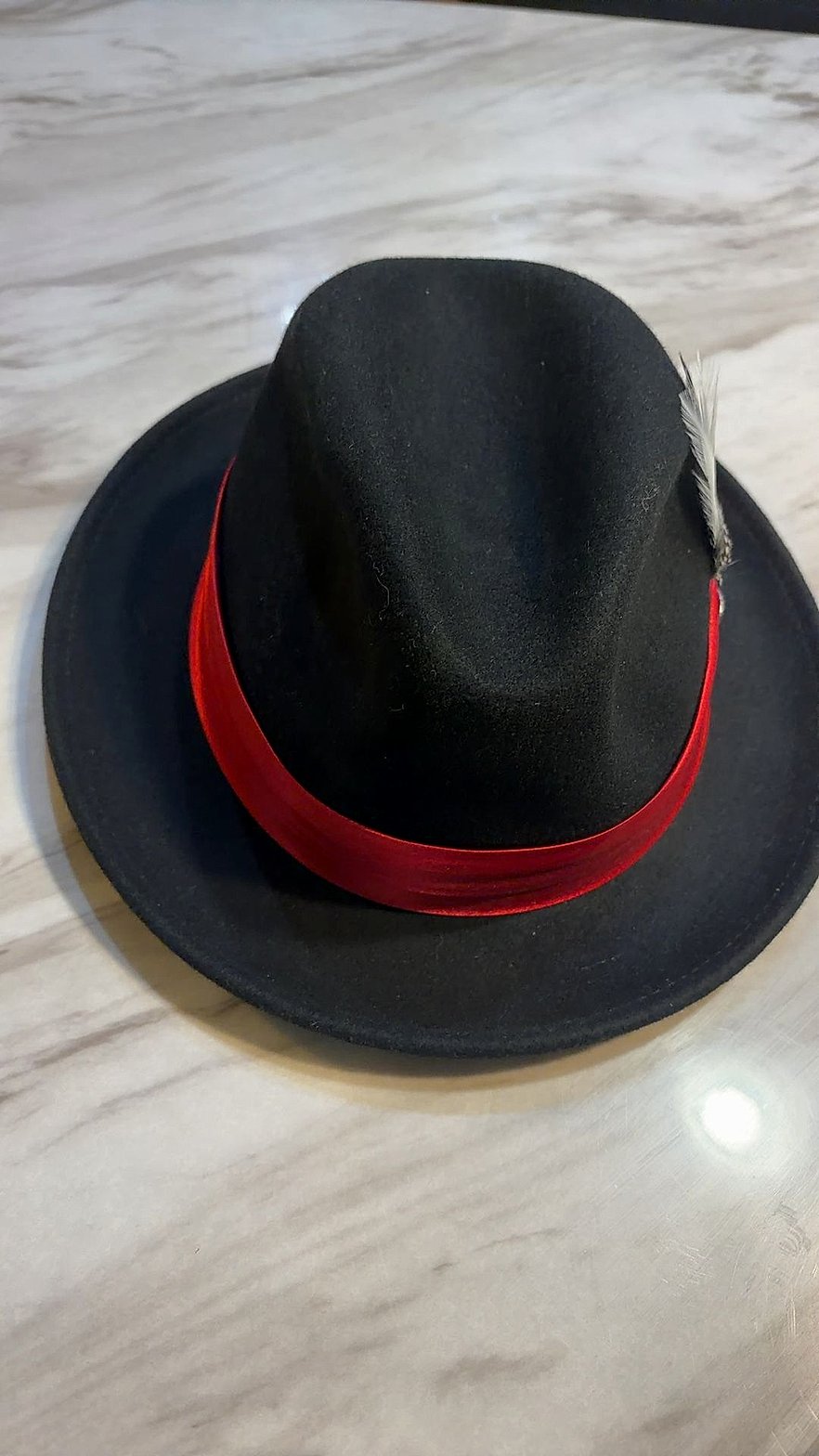 Bentley Headwear Black Wool Felt Fedora with Red Satin Band and Feather