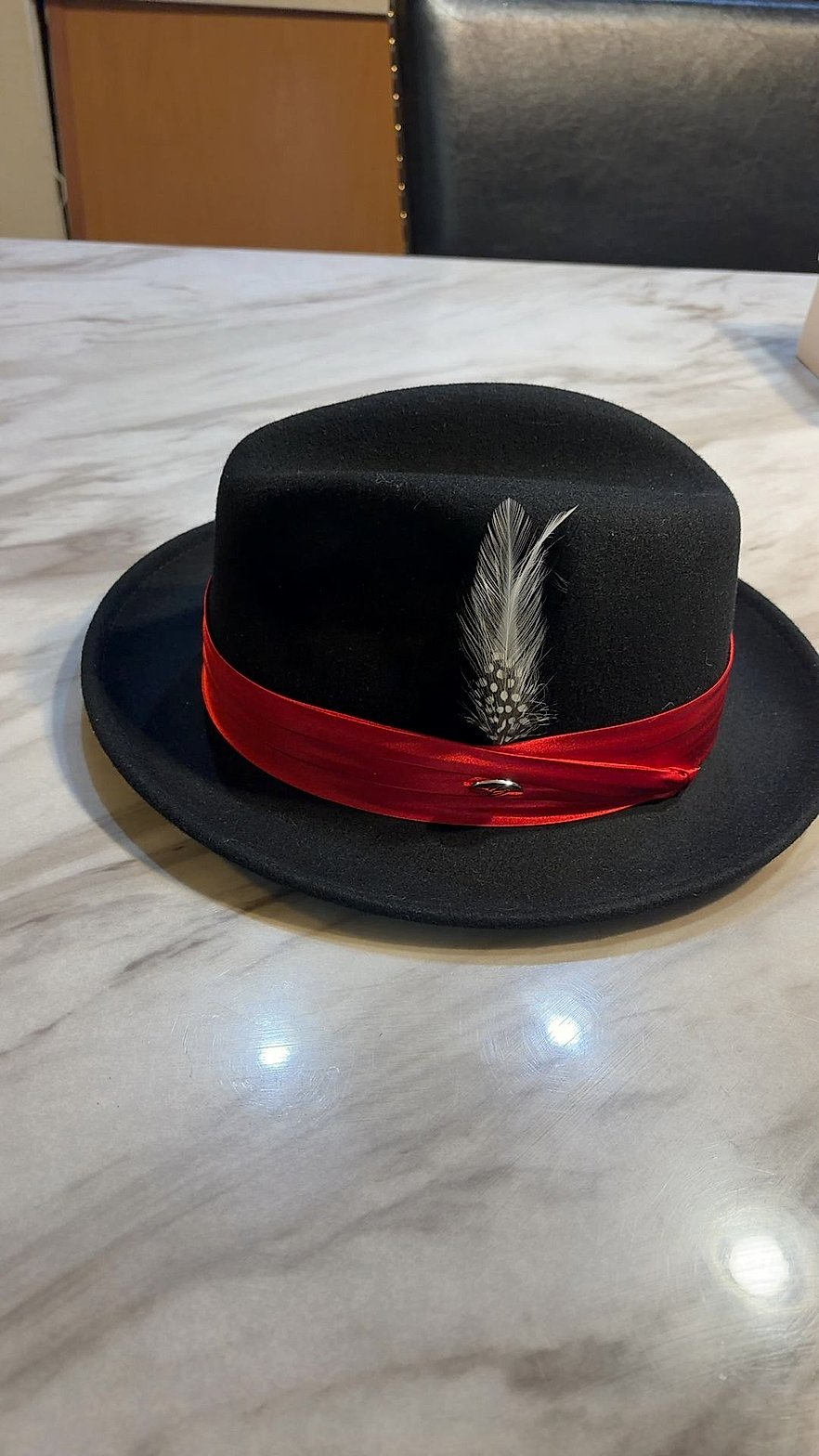 Bentley Headwear Black Wool Felt Fedora with Red Satin Band and Feather