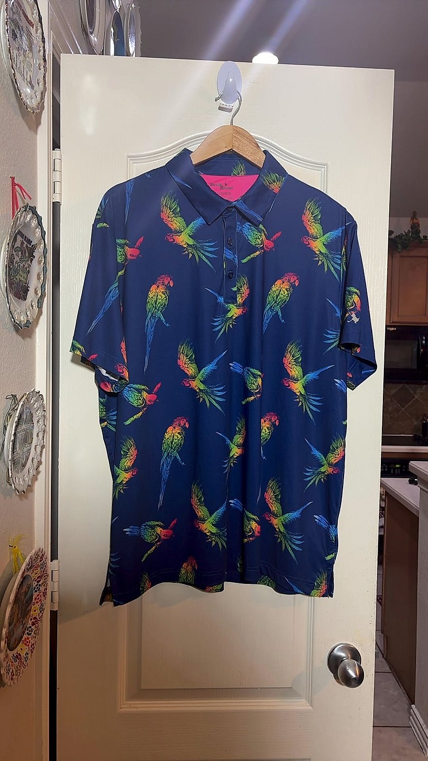 Birdie Bound Men's Parrot Print Golf Polo Shirt, Navy Blue, Size XL