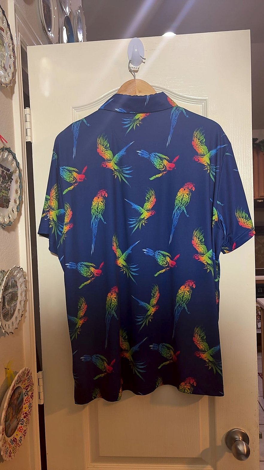 Birdie Bound Men's Parrot Print Golf Polo Shirt, Navy Blue, Size XL