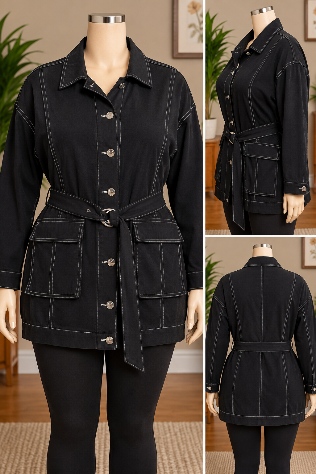 Fashion Nova Black Belted Utility Shirt Dress / Jacket Dress with White Contrast Stitching