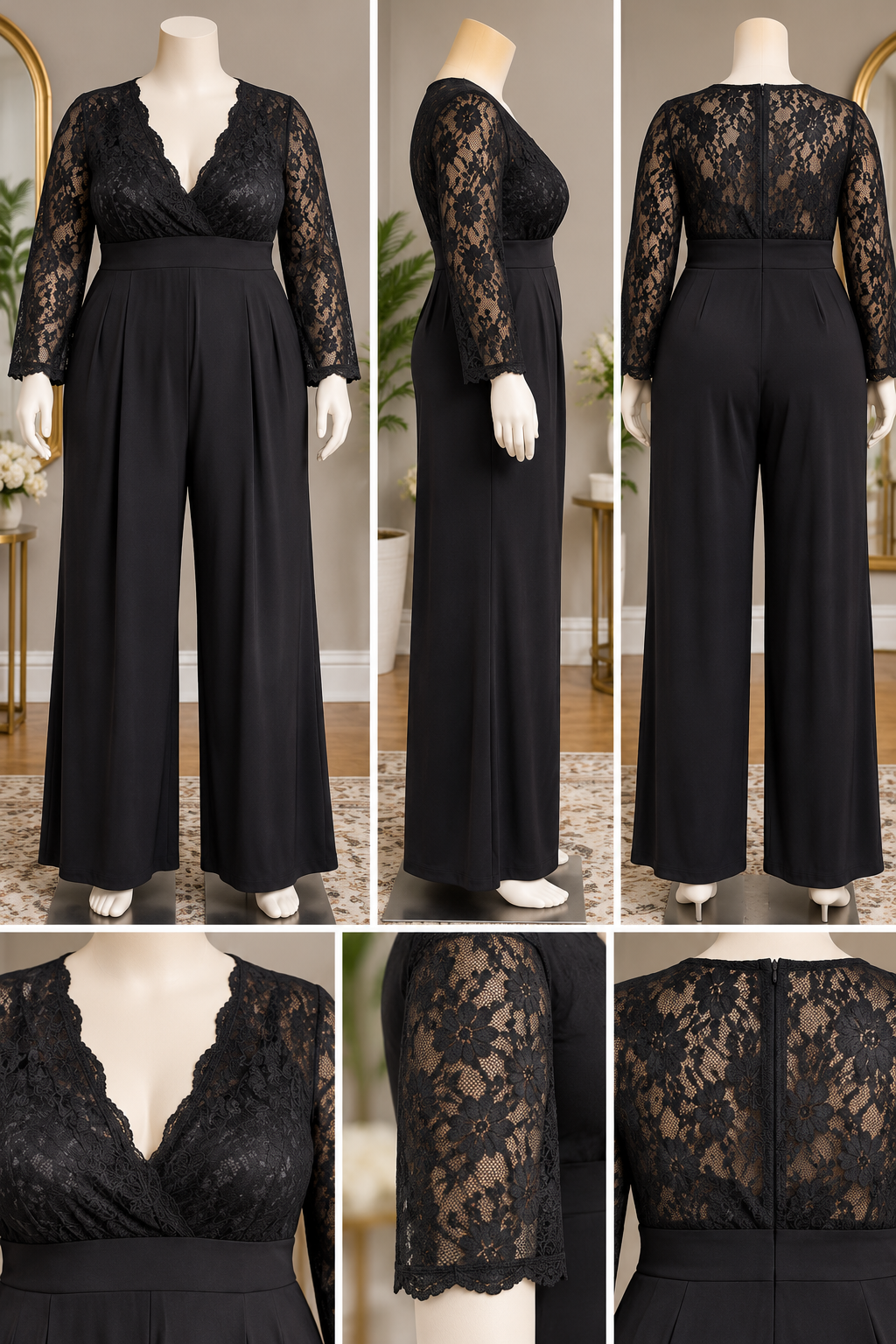 Women's Black Lace Long Sleeve V-Neck Wide Leg Jumpsuit, Size 2XL