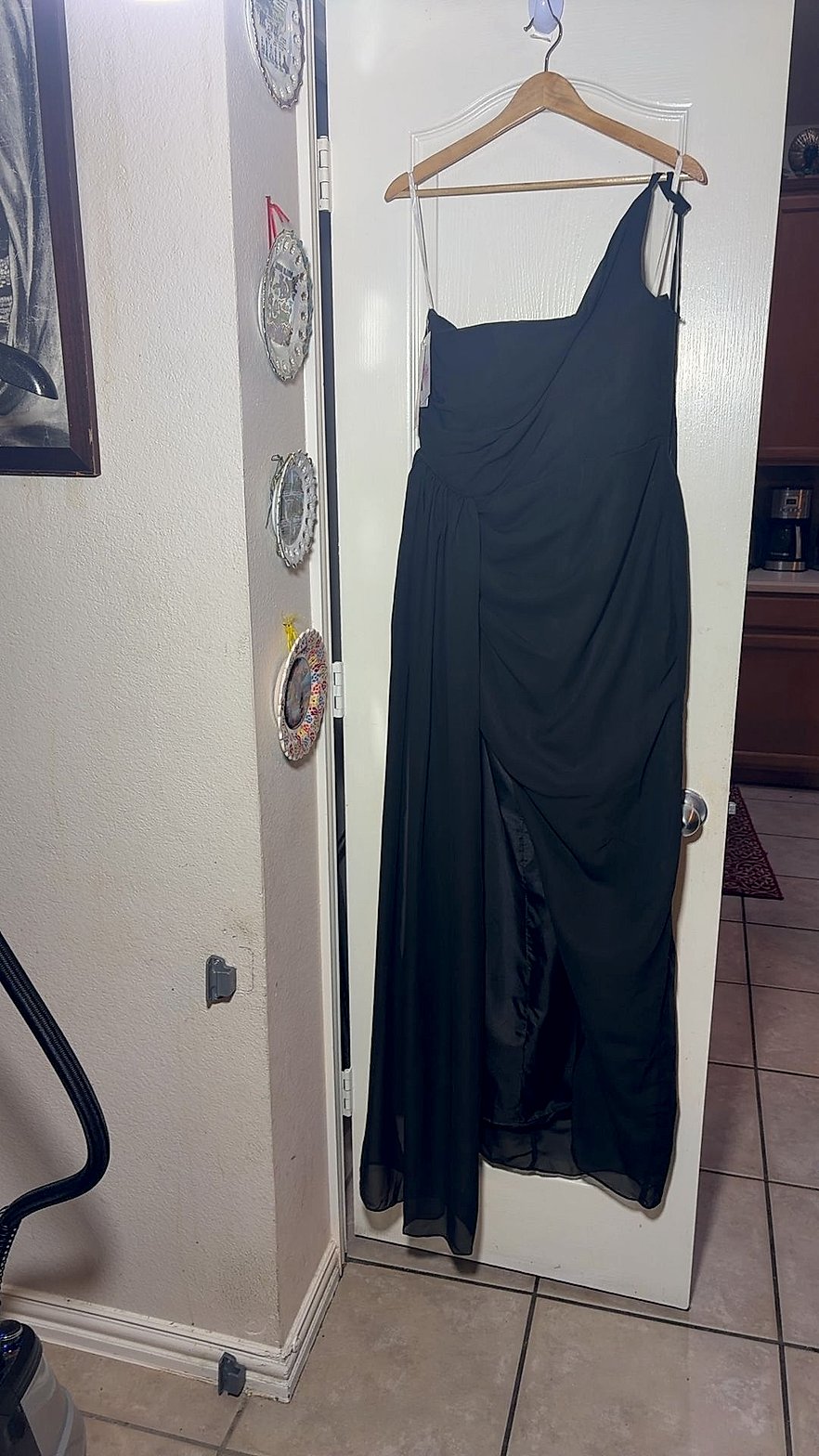 Black Chiffon One-Shoulder Draped Maxi Dress with Front Slit, New with Tags