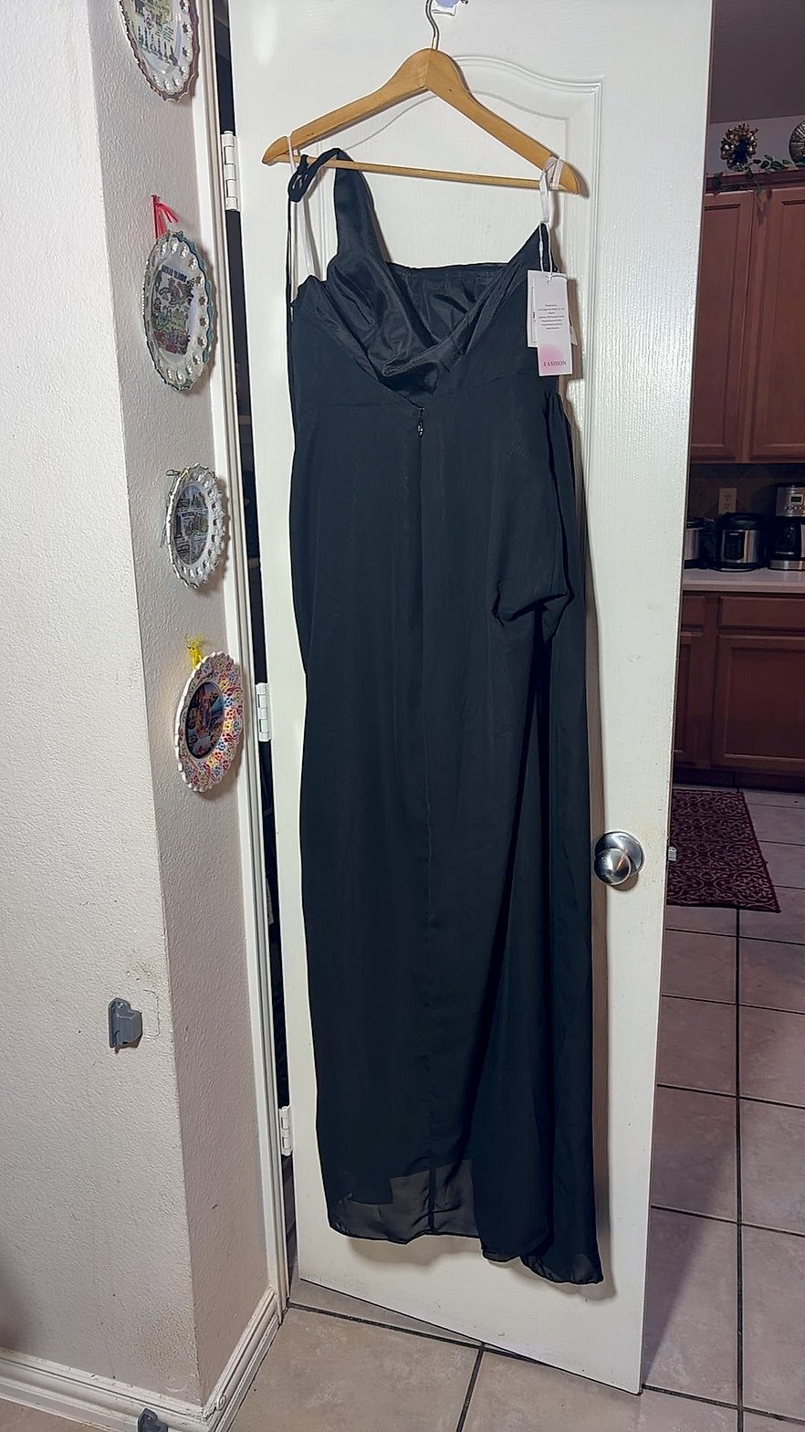 Black Chiffon One-Shoulder Draped Maxi Dress with Front Slit, New with Tags