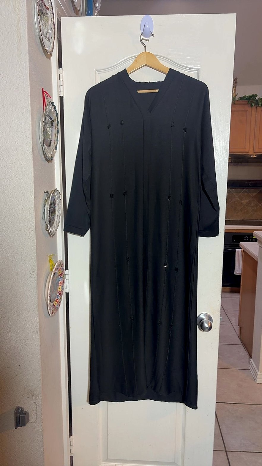 Black Open Front Abaya Kaftan Vertical Beaded Cord Trim V-Neck Long Sleeve