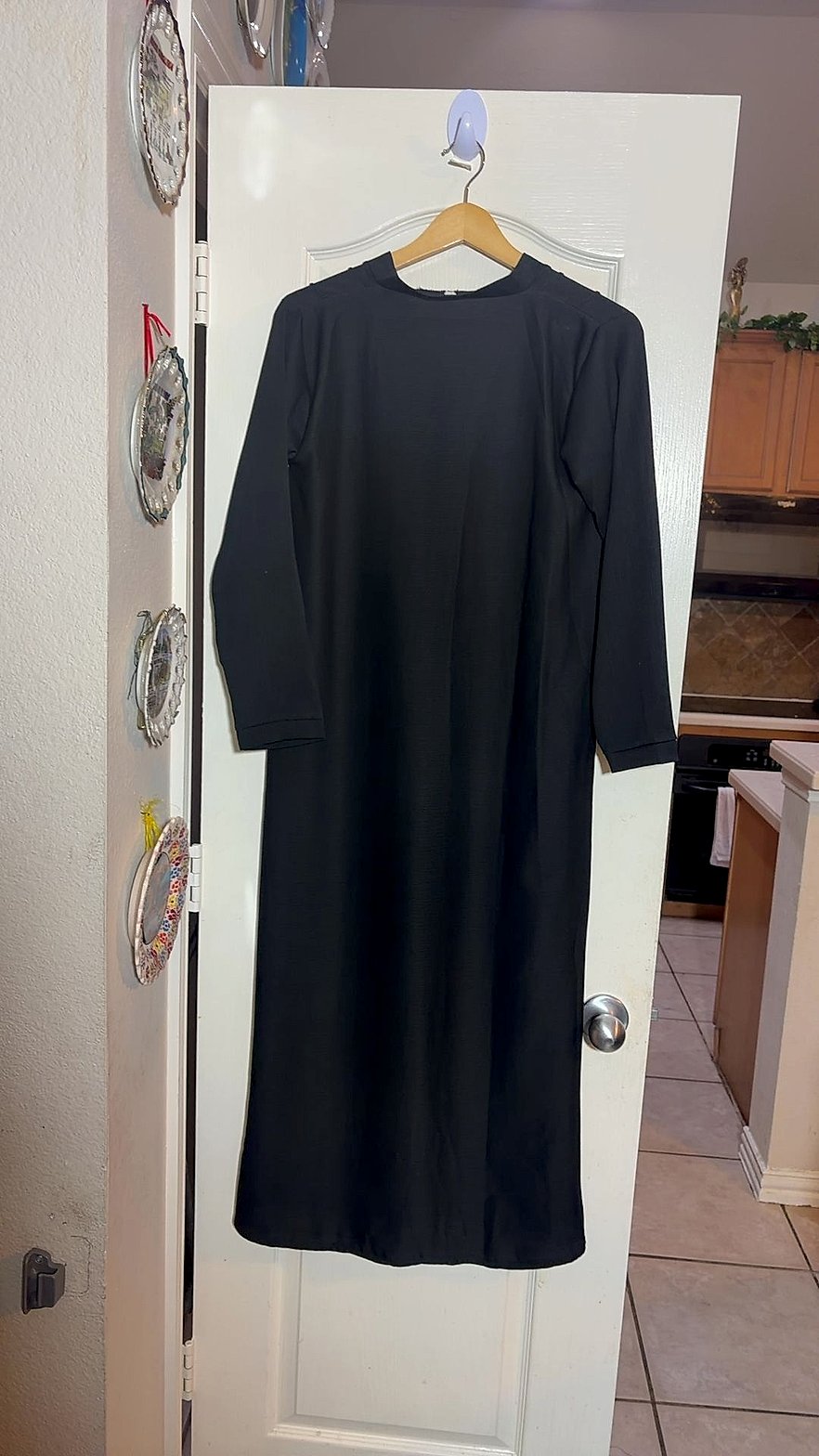 Black Open Front Abaya Kaftan Vertical Beaded Cord Trim V-Neck Long Sleeve