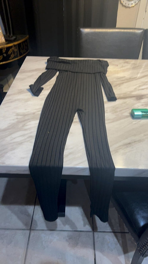 Black Ribbed Knit Off-Shoulder Long Sleeve Jumpsuit