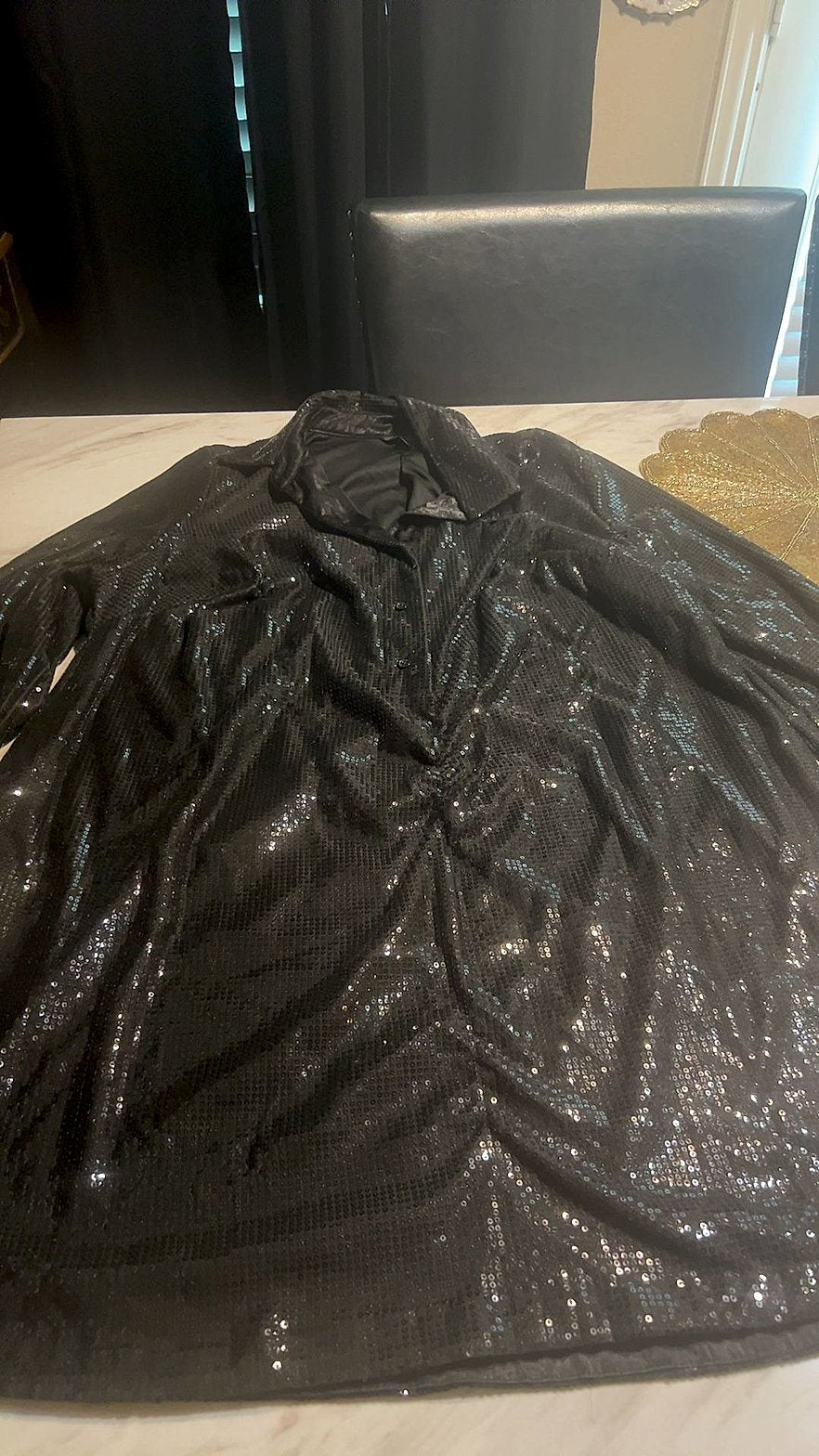 Black Sequin Long Sleeve Button-Down Shirt