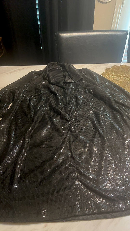 Black Sequin Long Sleeve Button-Down Shirt