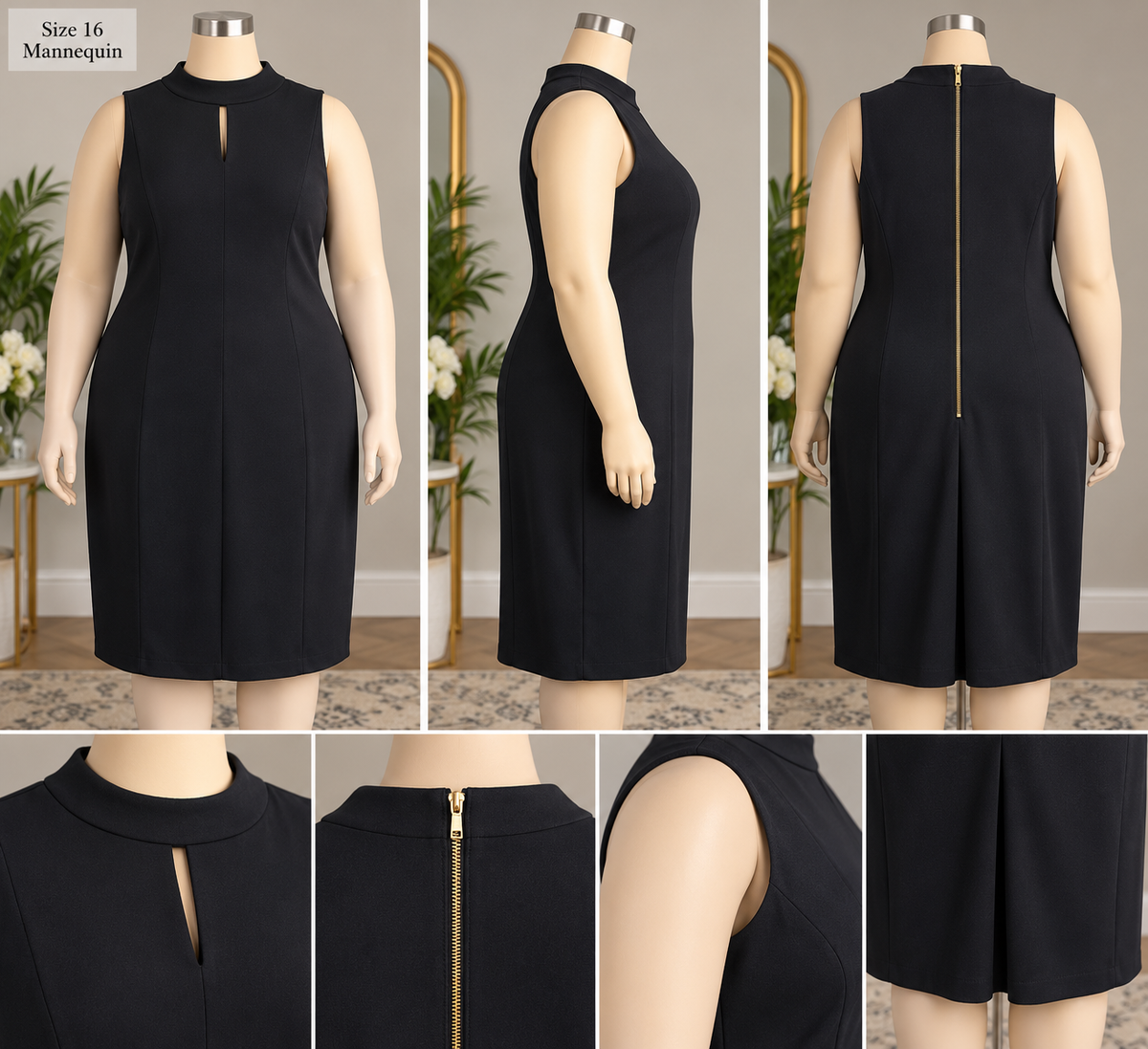 Bisou Bisou Michele Bohbot Black Sleeveless Mock Neck Keyhole Sheath Dress, Size 16