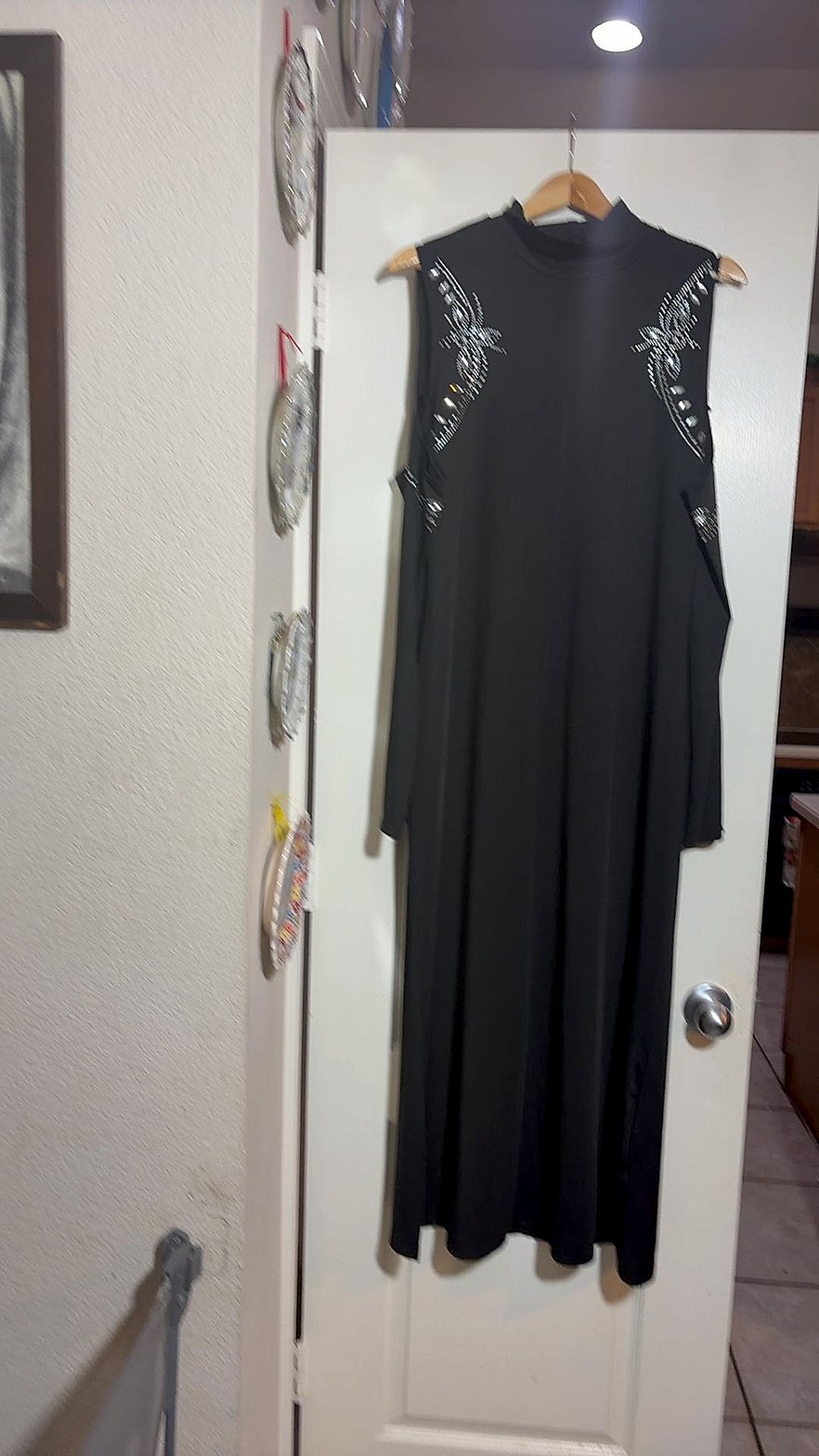 Black Sleeveless Mock-Neck Maxi Dress with Beaded/Sequin Side Embellishments, Size 2XL