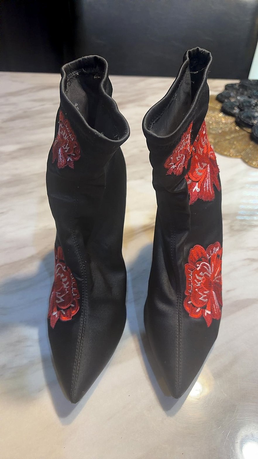 Jessica Simpson Black Stretch Satin Pointed-Toe Ankle Booties with Red Floral Embroidery