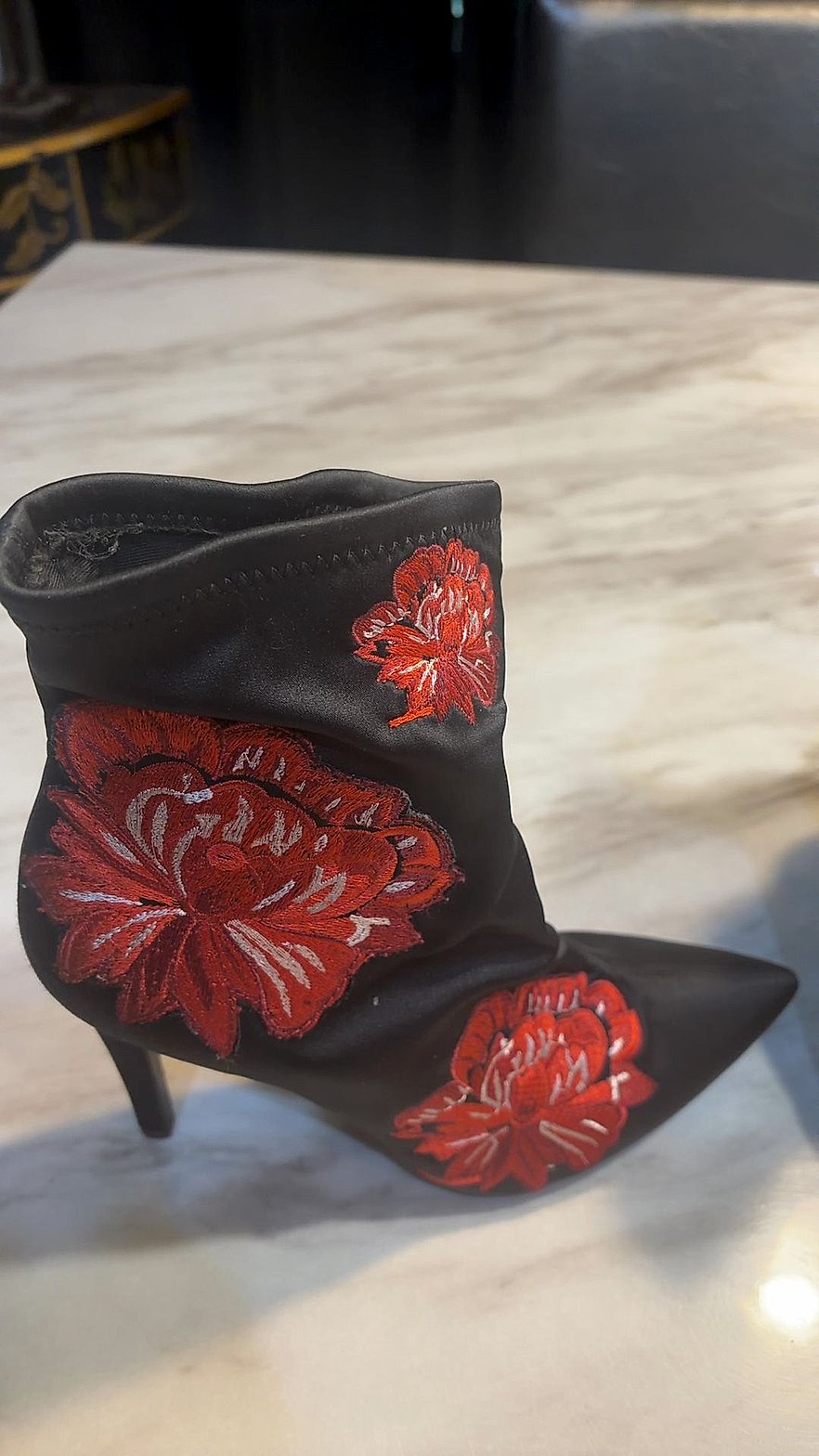 Jessica Simpson Black Stretch Satin Pointed-Toe Ankle Booties with Red Floral Embroidery