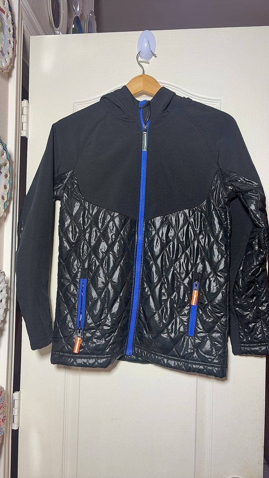 C9 Champion Boys' Hooded Quilted Hybrid Jacket, Size L (12-14), Black with Blue Zipper