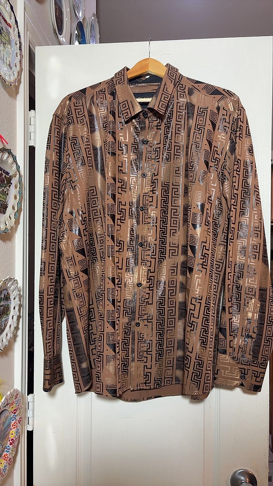 Calvino Premium Quality Men's Metallic Geometric Print Long-Sleeve Button-Up Shirt, Size 2XL