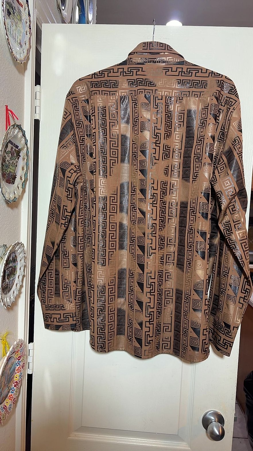 Calvino Premium Quality Men's Metallic Geometric Print Long-Sleeve Button-Up Shirt, Size 2XL