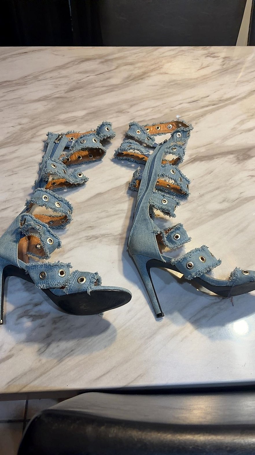 Cape Robbin Distressed Denim Strappy Gladiator Stiletto Heels