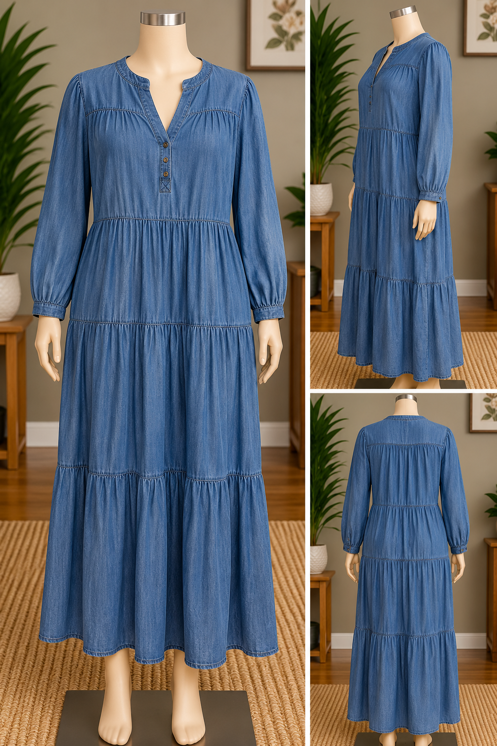 a loves a Women's Chambray Tiered Maxi Dress, Long Sleeve, Split V-Neck Button Placket, Size L