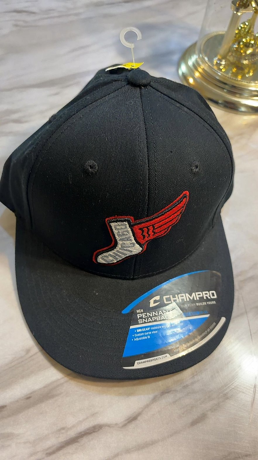 Champro HC4 Pennant Snapback Baseball Cap, Black with Winged Sock Team Logo, Size M-XL