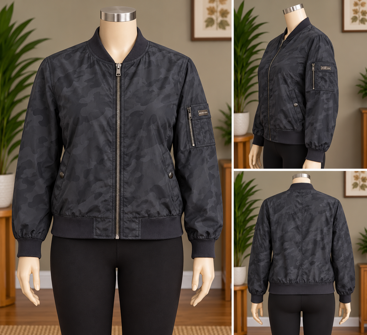 Michael Kors Men's Tonal Black Camo Bomber Jacket, Size XL