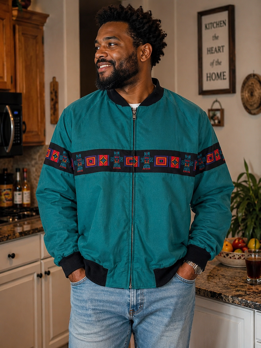 Vintage 1990s David James Southwestern Aztec Print Bomber Jacket, Teal, Size XL