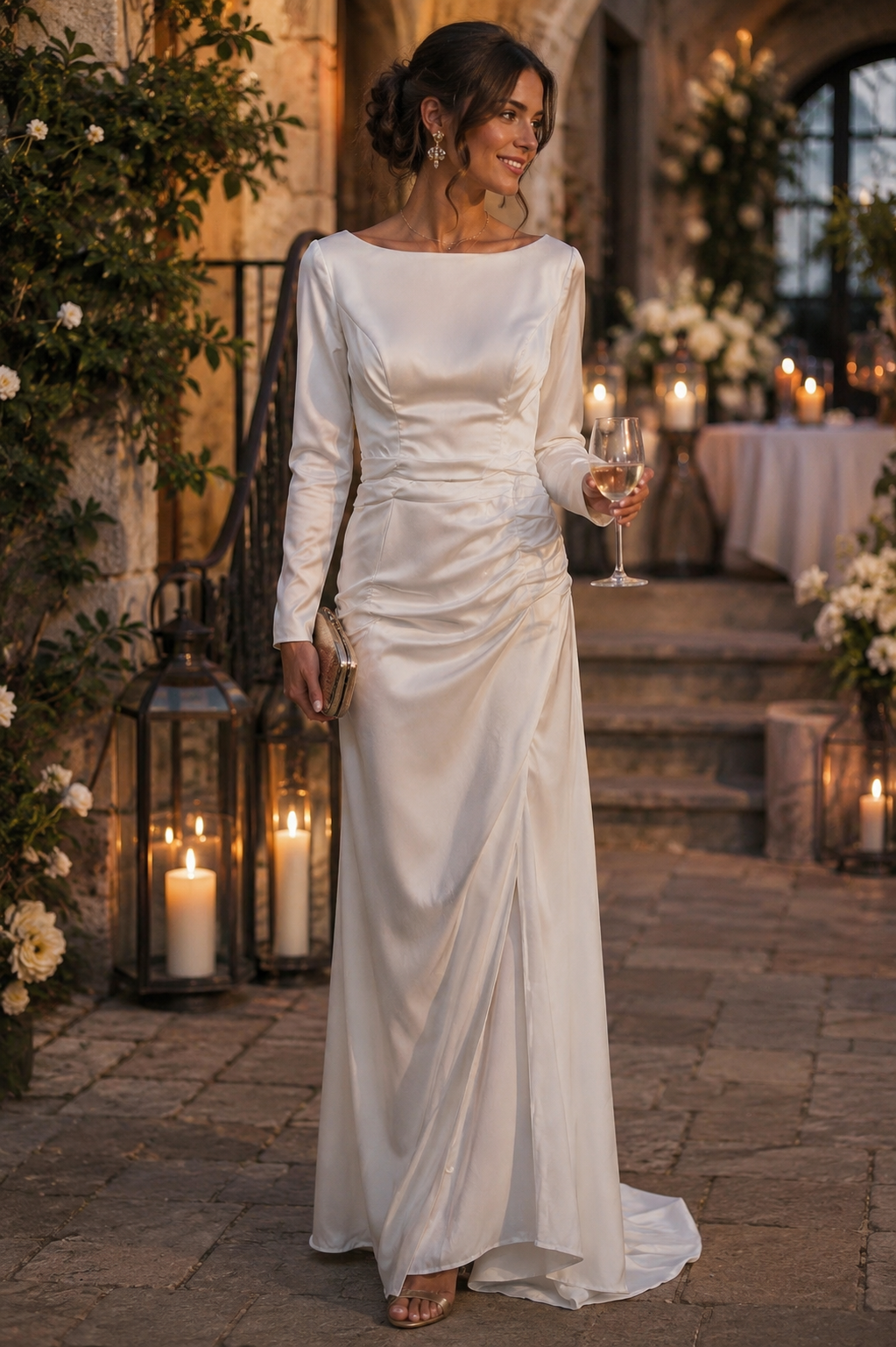 Long-Sleeve White Ruched Bridal Gown with Boat Neckline and High Slit