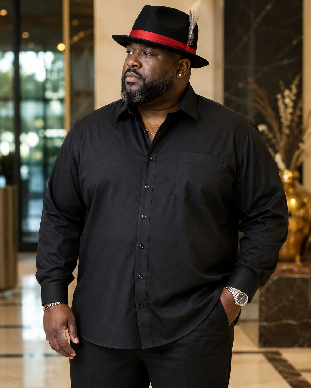 Bentley Headwear Black Wool Felt Fedora with Red Satin Band and Feather