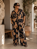 Abstract Swirl Print Two-Piece Set - Wide-Leg Palazzo Pants & Camp-Collar Shirt (Tan & Black)