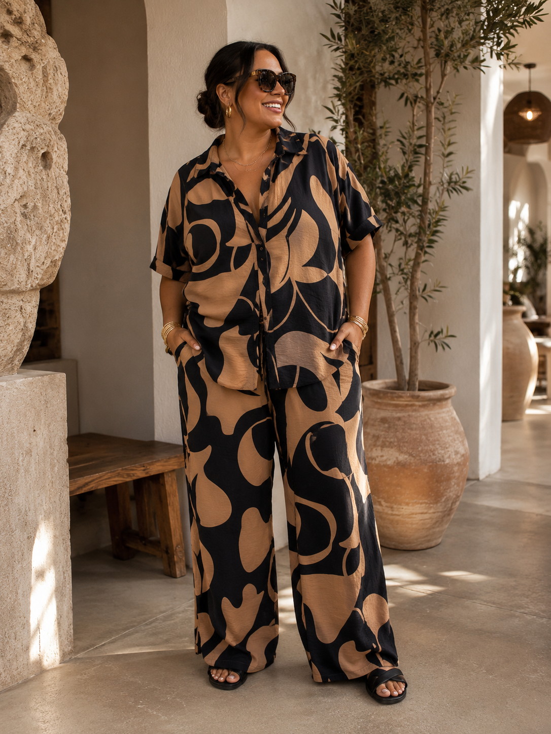 Abstract Swirl Print Two-Piece Set - Wide-Leg Palazzo Pants & Camp-Collar Shirt (Tan & Black)