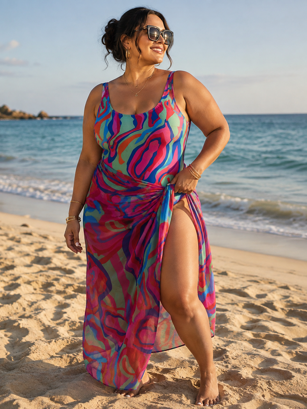 Colorful Abstract Swirl Print One-Piece Swimsuit with Matching Chiffon Sarong Cover-Up Set