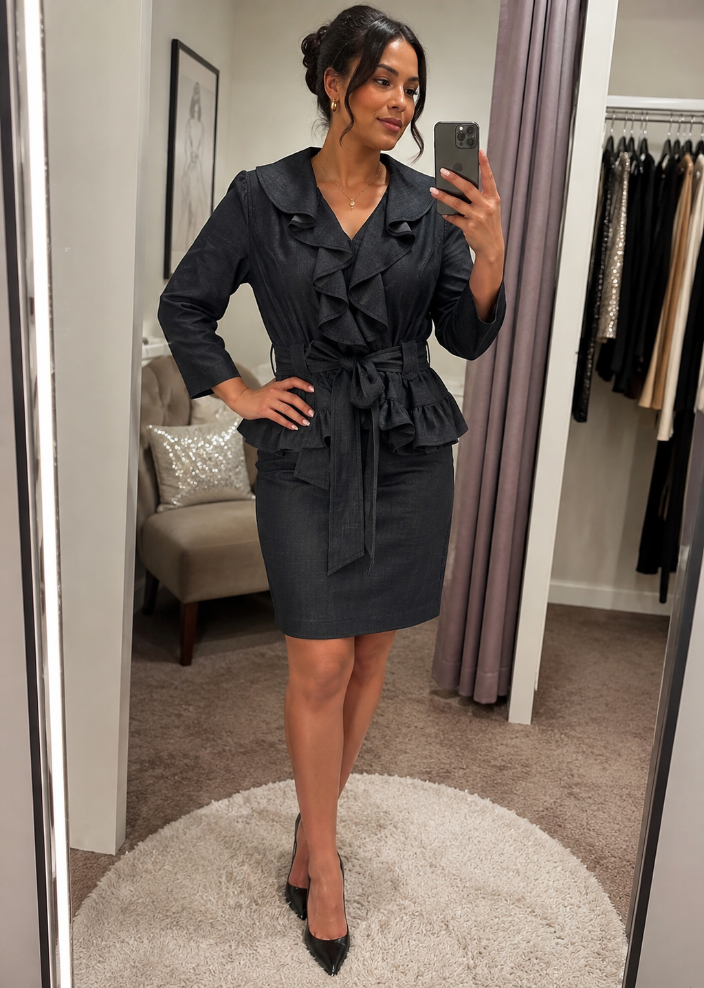 Women's Chambray Denim Ruffle-Front Peplum Jacket & Skirt Two-Piece Set