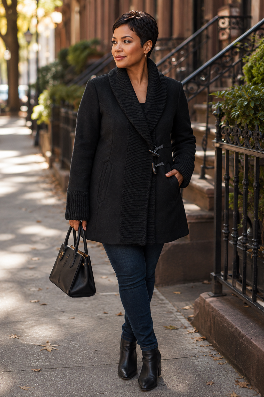 Vince Camuto Women's Black Wool-Blend Coat with Knit Shawl Collar and Toggle Closure, Size PM