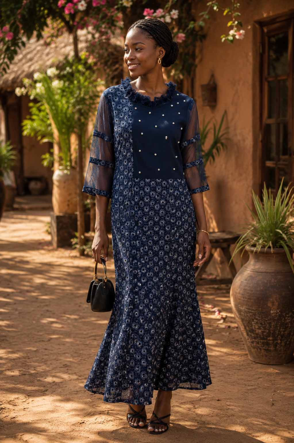 African Print Ankara Long Mermaid Dress with Faux Pearls, Feather Trim and Sheer Mesh Sleeves
