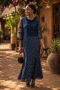 African Print Ankara Long Mermaid Dress with Faux Pearls, Feather Trim and Sheer Mesh Sleeves