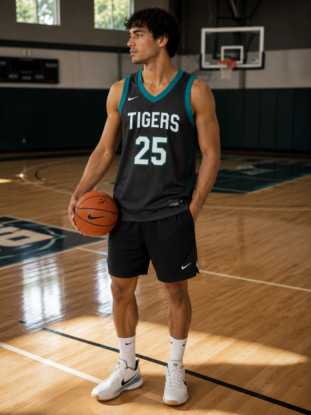 Nike Team Tigers #25 Basketball Jersey, Dark Gray/Teal, Women's Medium