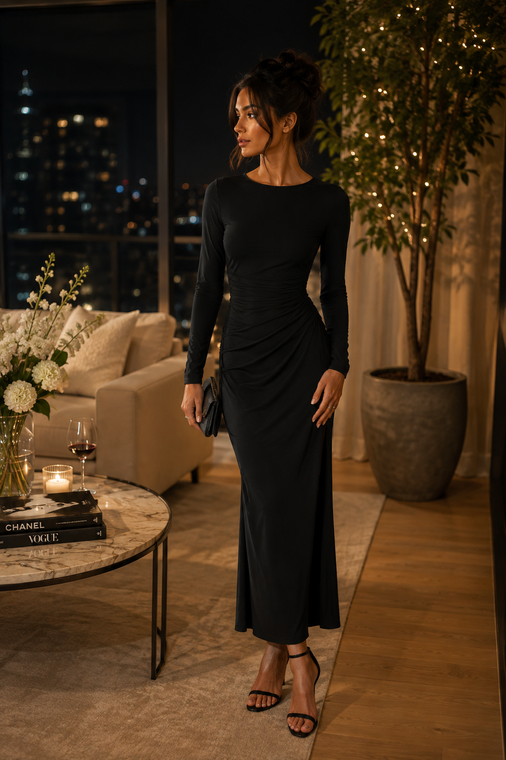 Scoop Women's Black Ruched Long Sleeve Midi Dress Size XS Very Good Condition
