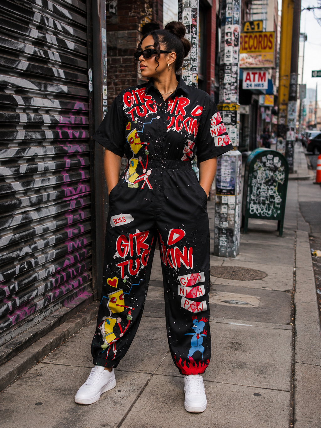 Graphic Print Short-Sleeve Coverall Jumpsuit with Cartoon/Graffiti Art
